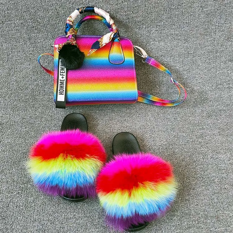 

2021Fashion Furry Bag With Real Fox Fur Slippers And Purse Home Fluffy Fox Fur Slides And Bag, Multi color