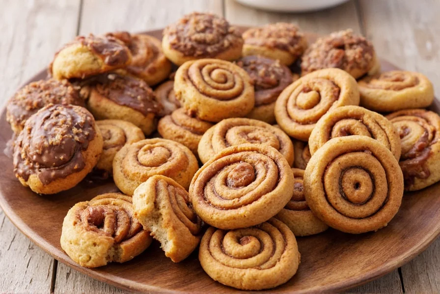 Assortment of cinnamon roll cookie variations including chocolate-dipped, maple-bacon, and vegan versions arranged on rustic wooden board