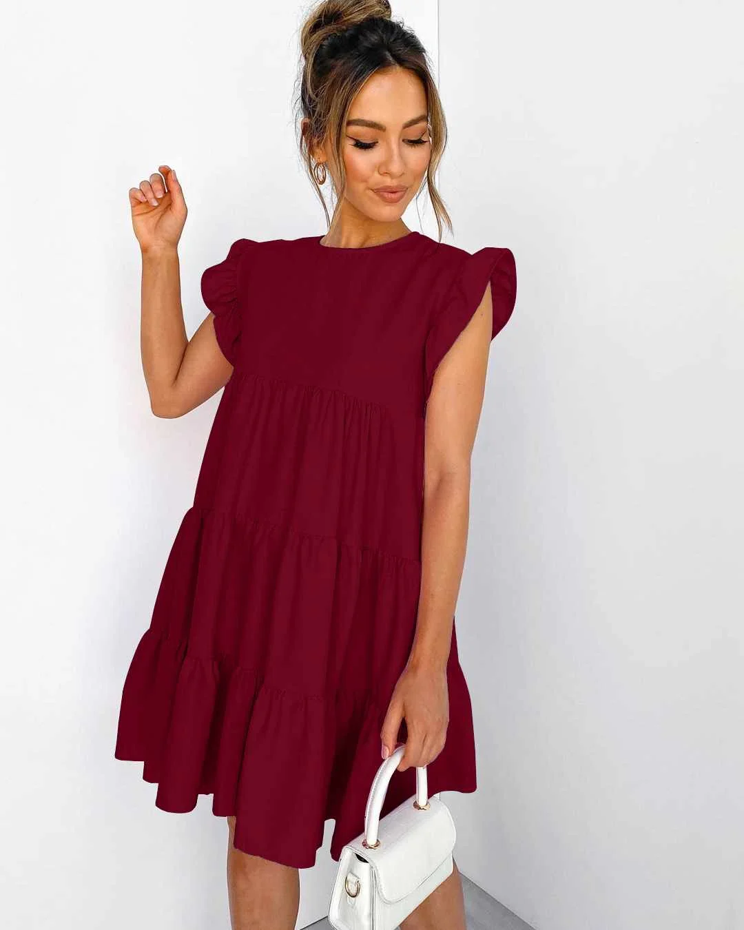

summer new women's ruffled sleeve pleated dress, As pictures
