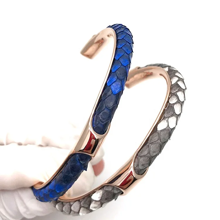 HS leather bracelet for men luxury 5mm Python Open Bangles 316L stainless steel bracelet customize jewelry