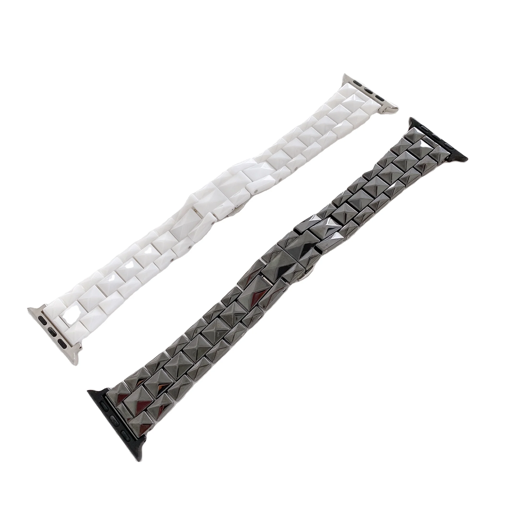 

Stainless steel butterfly buckle ceramic three links diamond cutting watch band strap for Apple iWatch 1/2/3/4/5/6 Series