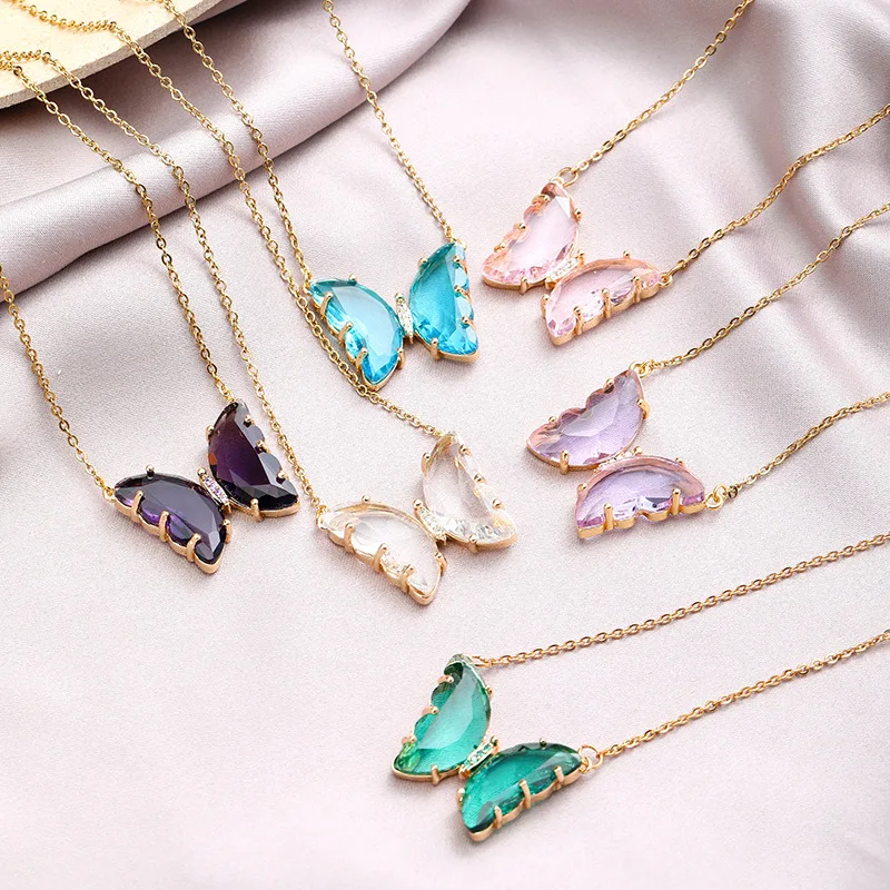 

High quality stainless steel Real Gold Plated Green Glass Butterfly pendant Necklace Clear Crystal Butterfly Necklace For Women, Colorful