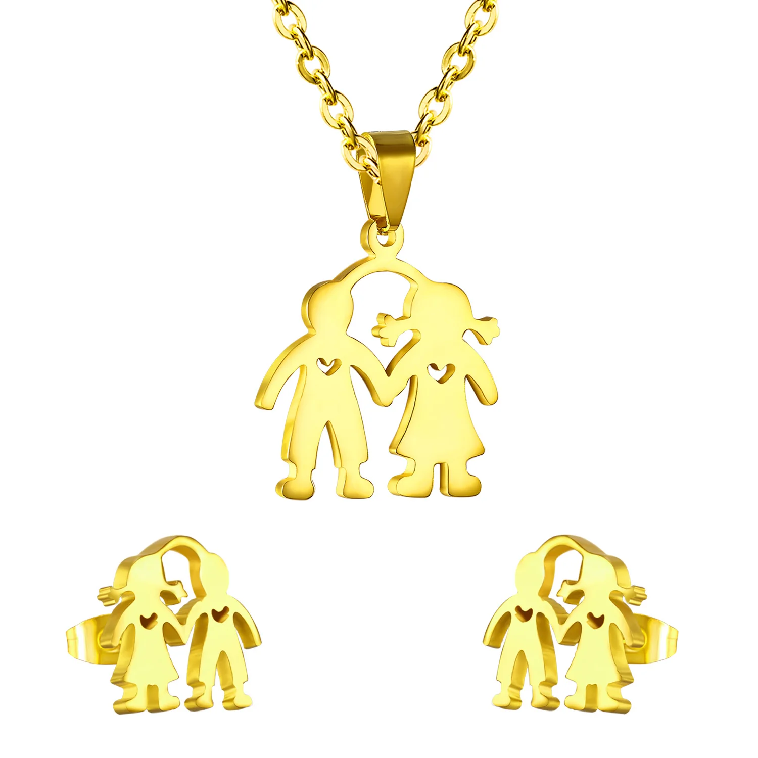 

New Arrival Children's Cartoon Enamel Stainless Steel Pendant Necklace and Earrings Jewelry Set, Gold/silver available