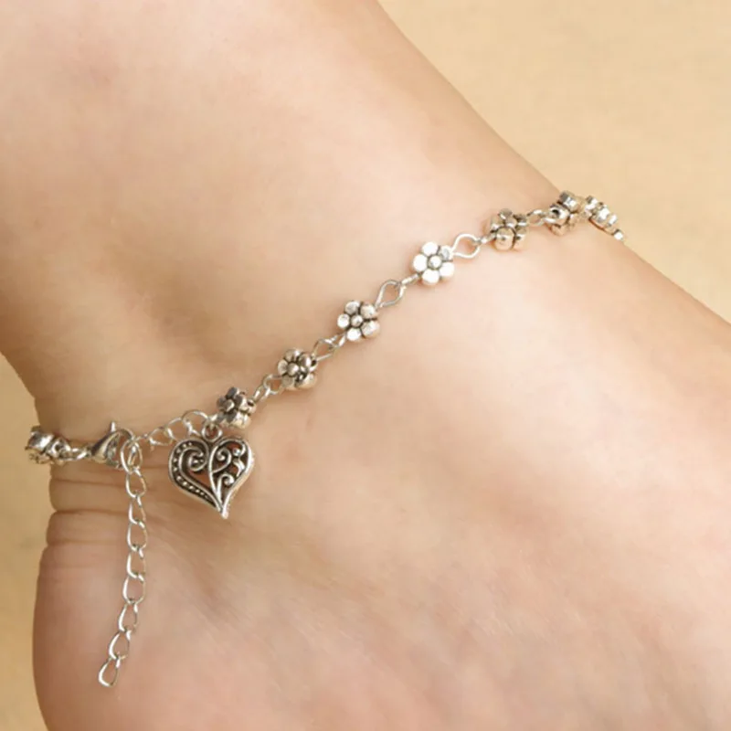 

00026-1 European and American fashion retro silver Plum Blossom Peach Heart tassel Anklet