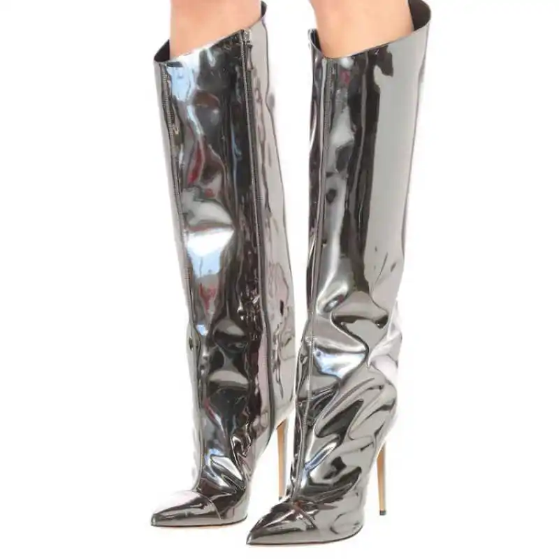 

Fashion Design Autumn Stiletto High Heels Patent Leather Silver Gold Red Women's Boots Side Zipper Thin Heeled Knee High Boots