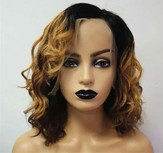 

#4 27 Human Hair Short BOB Wig Pre Plucked Brazilian Curly Blonde Lace Front Wig with Dark Roots For Black Women