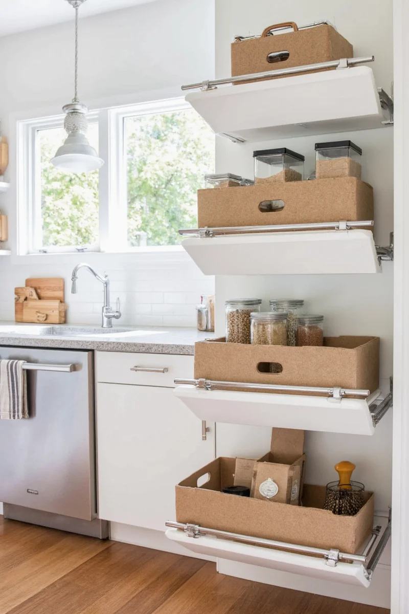 Kitchen pantry with slide-out shelves showing organization benefits