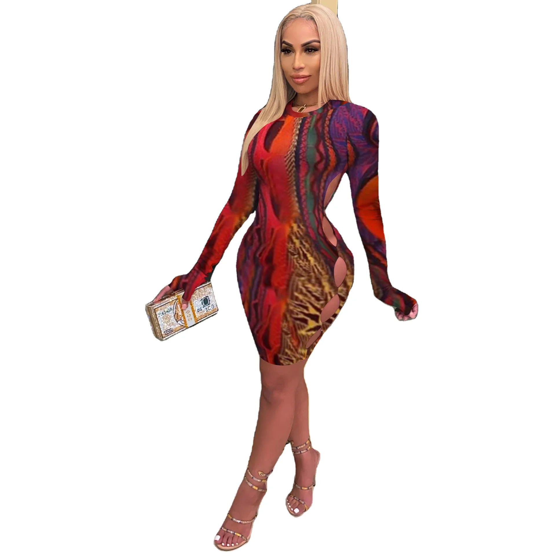 

2021 Fashion Wholesale Sexy Floral Print Hollow Out O-neck Long Sleeve Bodycon Party Club Evening Mini Dress for Women