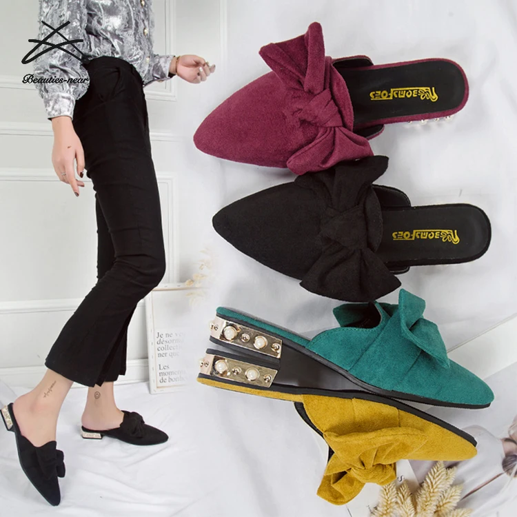 

Luxury women summer flat cover sharp head velvet butterfly knot bowtie ladies slipper slide sandal, Black,green,maroon,yellow