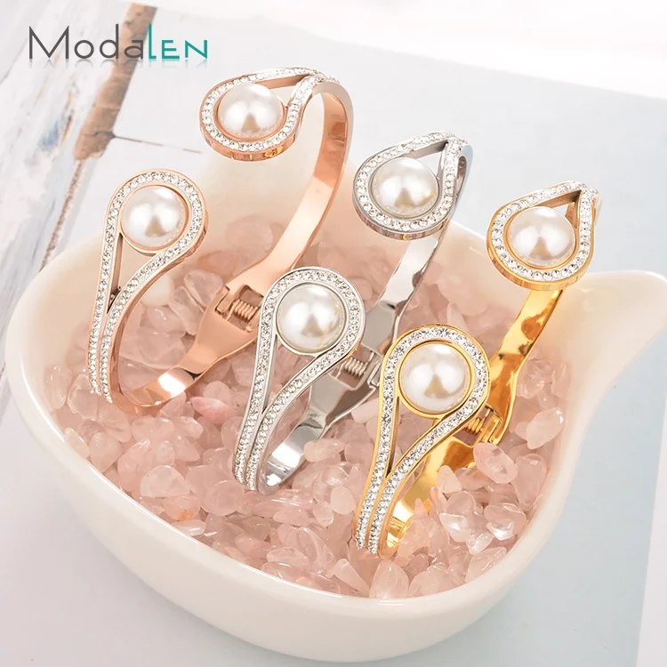 

Modalen Wholesale Gold Plated Bracelet Open Cuff Stainless Steel Crystal Pearl Bangle