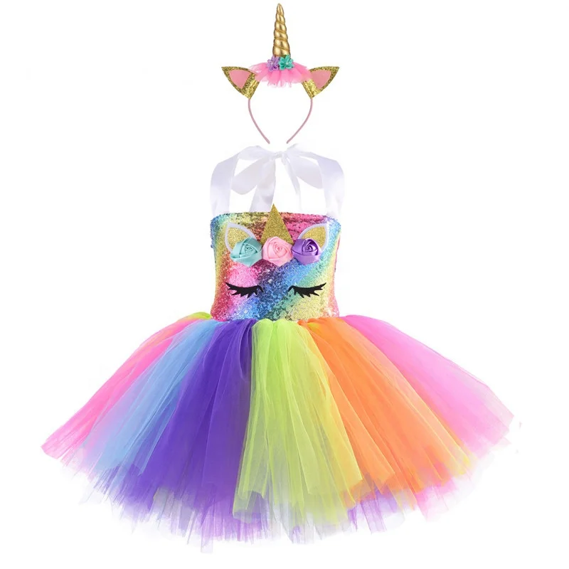 

OEM High quality unicorn dress sleeveless kids sequin dress three color unicorn princess dress