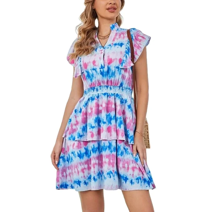

Guarantee Quality Bohe Style Butterfly Sleeve Tie-Dye Front Buttons Layers Pleated Dress