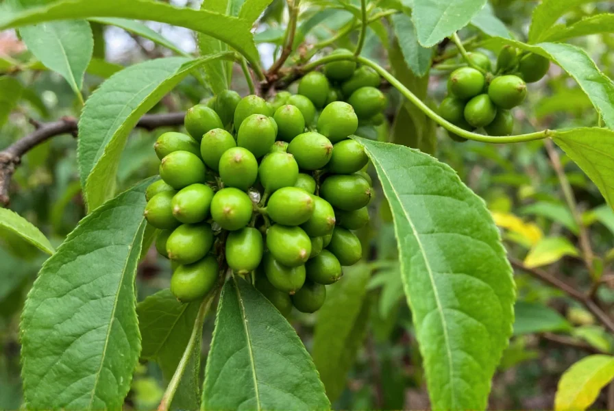 Piper nigrum vine with clusters of green pepper berries growing in tropical environment