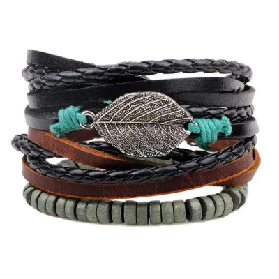 

Latesr design hot sale fashion bead leaves vintage woven leather mens alloy wholesale multi-layer bracelet set, As pic