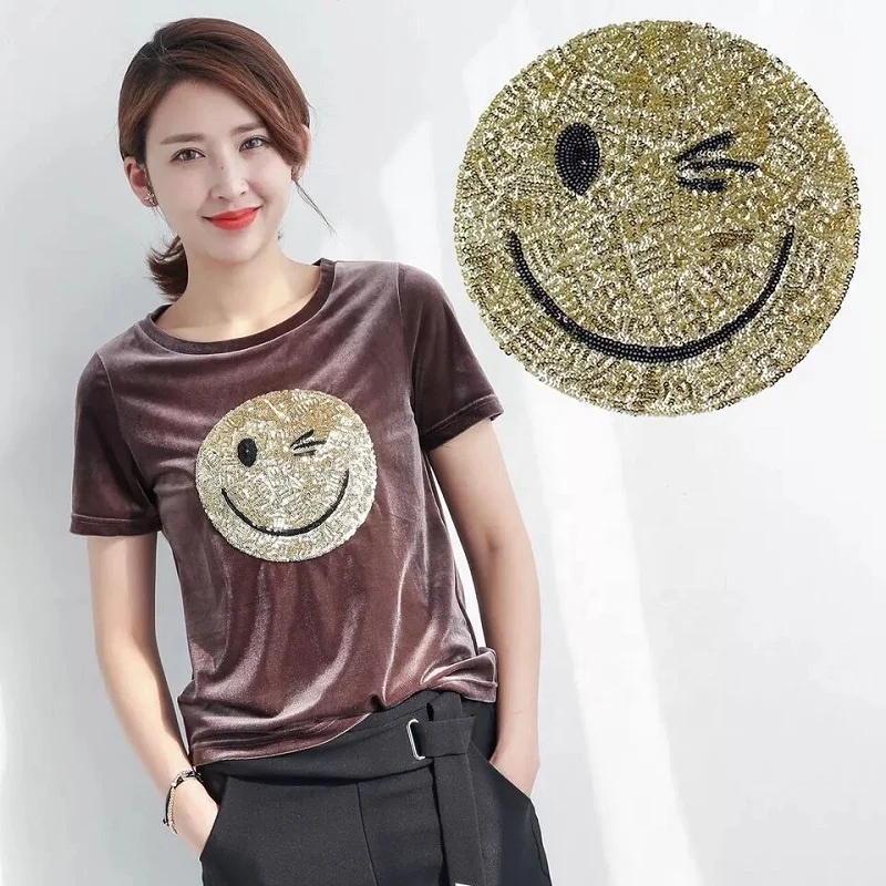 

New smiley face GOLD SEQUIN patch sewing clothes patch DIY applique clothing accessories smiley face patch