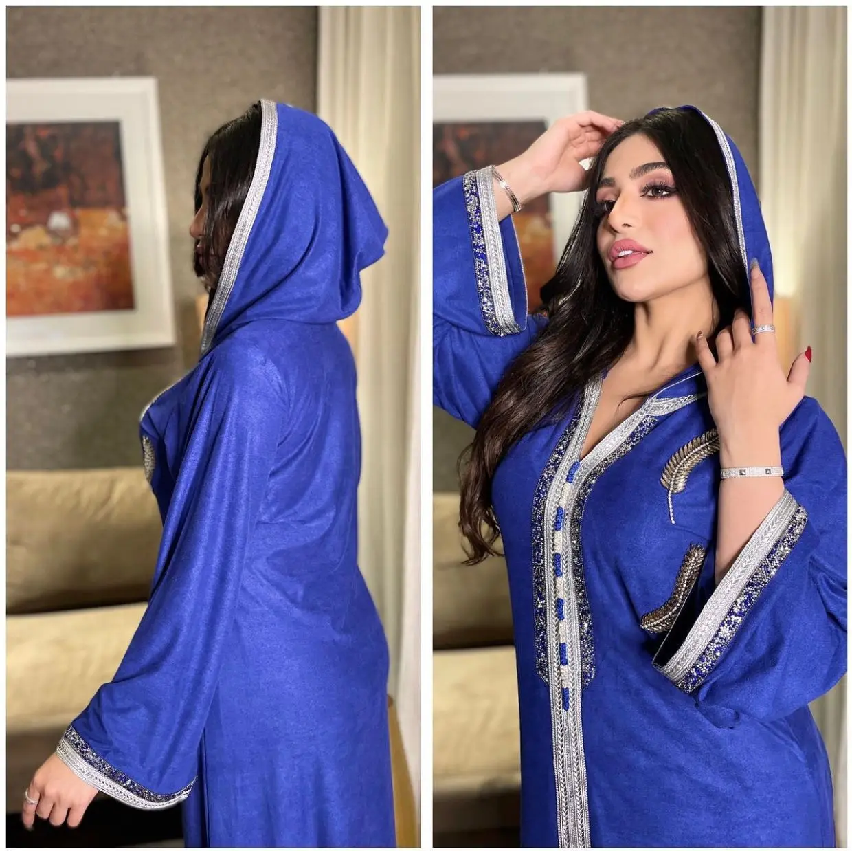 

Abaya Muslim Dress Diamond Hooded Women Ramadan Eid 2021 Moroccan Kaftan Dubai Jalabiya Arabic Middle East Clothing, Blue