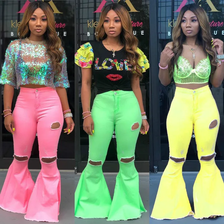 

Solid Candy Colors Jean Trouser for Women Ripped Jeans Wide Leg Pants Denim Jean Pants Woman Bell Bottom Jeans Pants, N/a