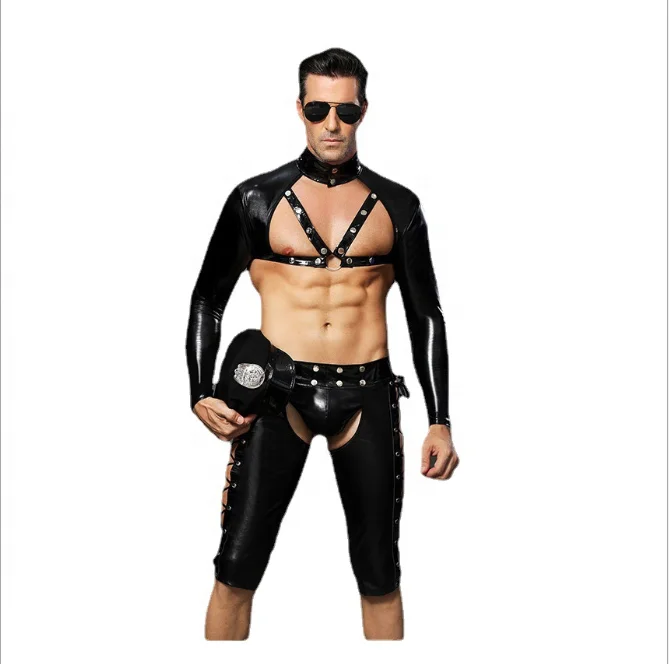 

new style rivet role play police erotic lingerie cosplay sexy costume four piece set sexy gay black men, 1 colors