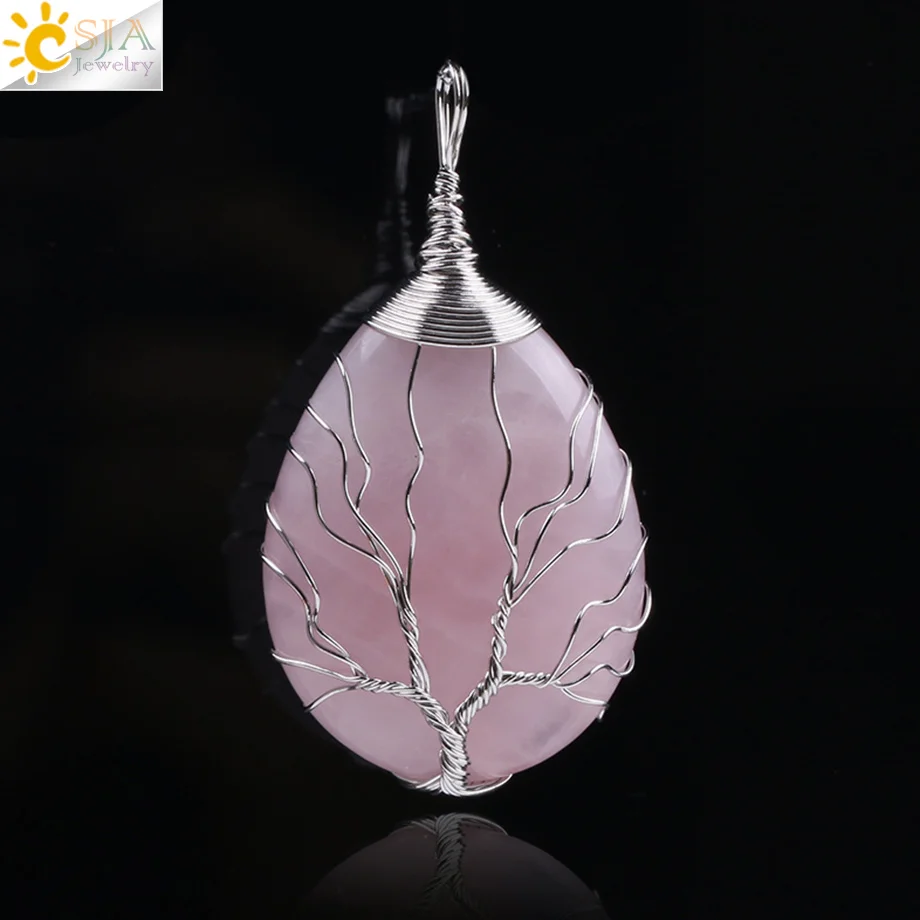 

CSJA natural rose quartz stone pendant handmade silver-color wire wrapped tree of life crystal teardrop pendants F122