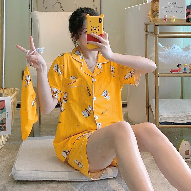 

Summer Cardigan Spandex Cotton Cute pajamas Large Size Short Sleeve Suit, Pink,white,blue