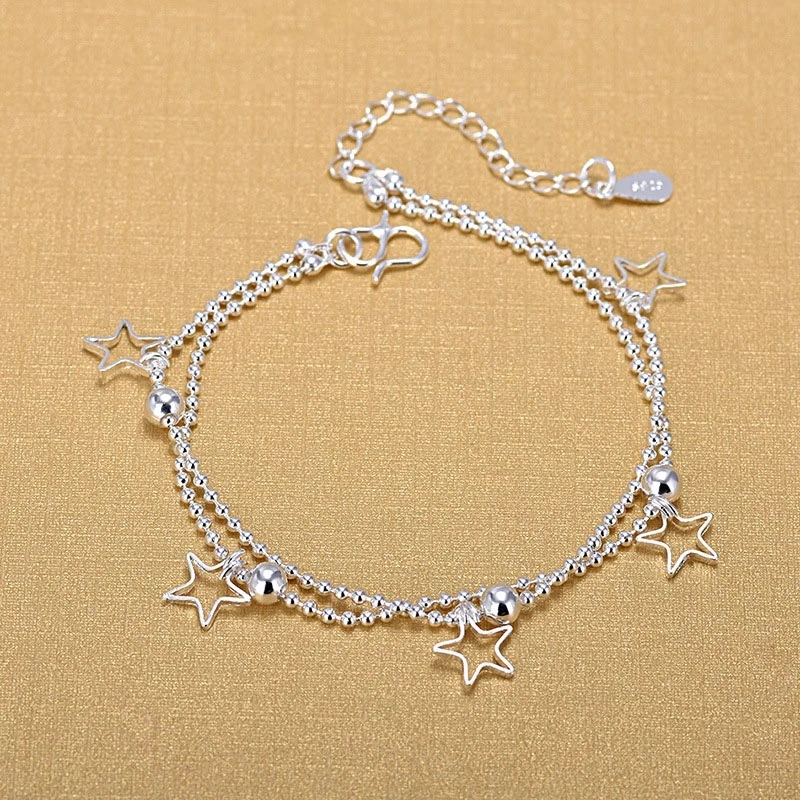 

Silver 925 Double Layer Ball Chain Bracelet Fashion 925 Sterling Silver Hollow Star Charm Bracelet For Women Jewelry