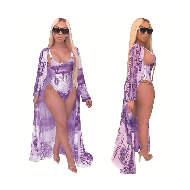 

Fashion Casual Dollar Printing Cloak Bikini Split Belt Beachwear Swimsuit For Women, Customized color