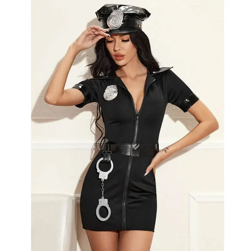 

4 Pack Zip Front Cop Dress Halloween Costume Cosplay With Hat, Black