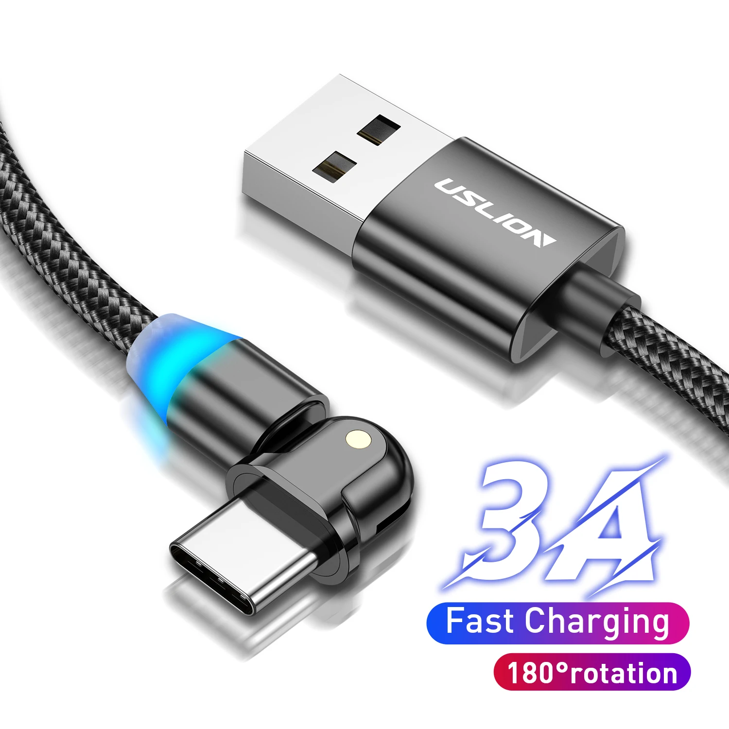 

USLION LED USB C 180 Degree Fast Charging Data Transfer Cable Type C Mobile Phone for sumsang huawei xiaomi, Black, red