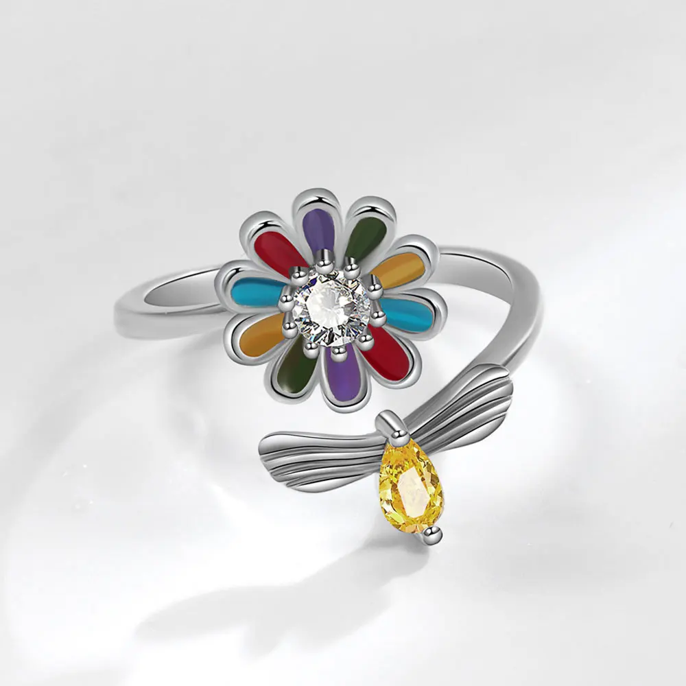 

GT Bright Colorful Flower Antianxiety Ring Honey Bee with Sunflower Jewelry Spinner Ring for Women Girls gift