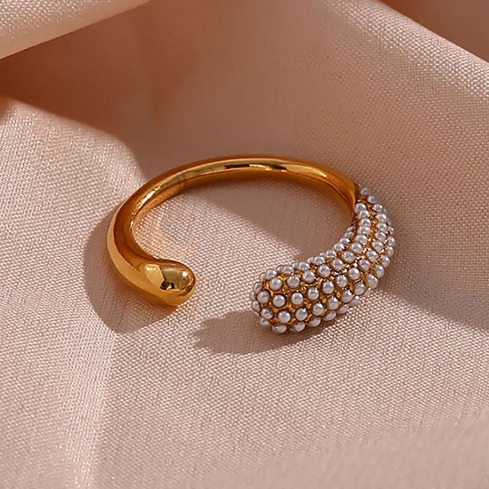 

Christmas Gifts For Women Elegant Pearl Ring Snake Shape 18K Gold Plated Stainless Steel Rings Women Jewelry