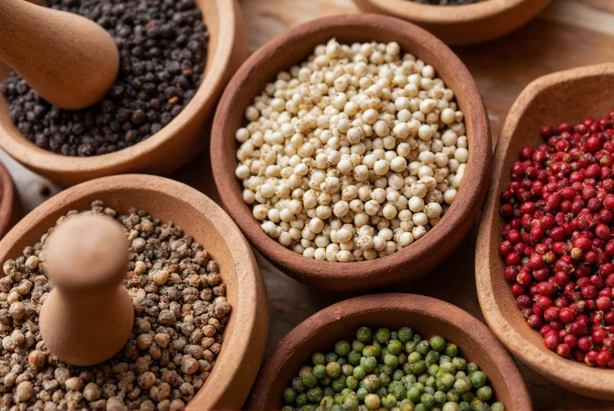 Close-up photography of different pepper varieties: black, white, green, and red peppercorns arranged in small wooden bowls with mortar and pestle
