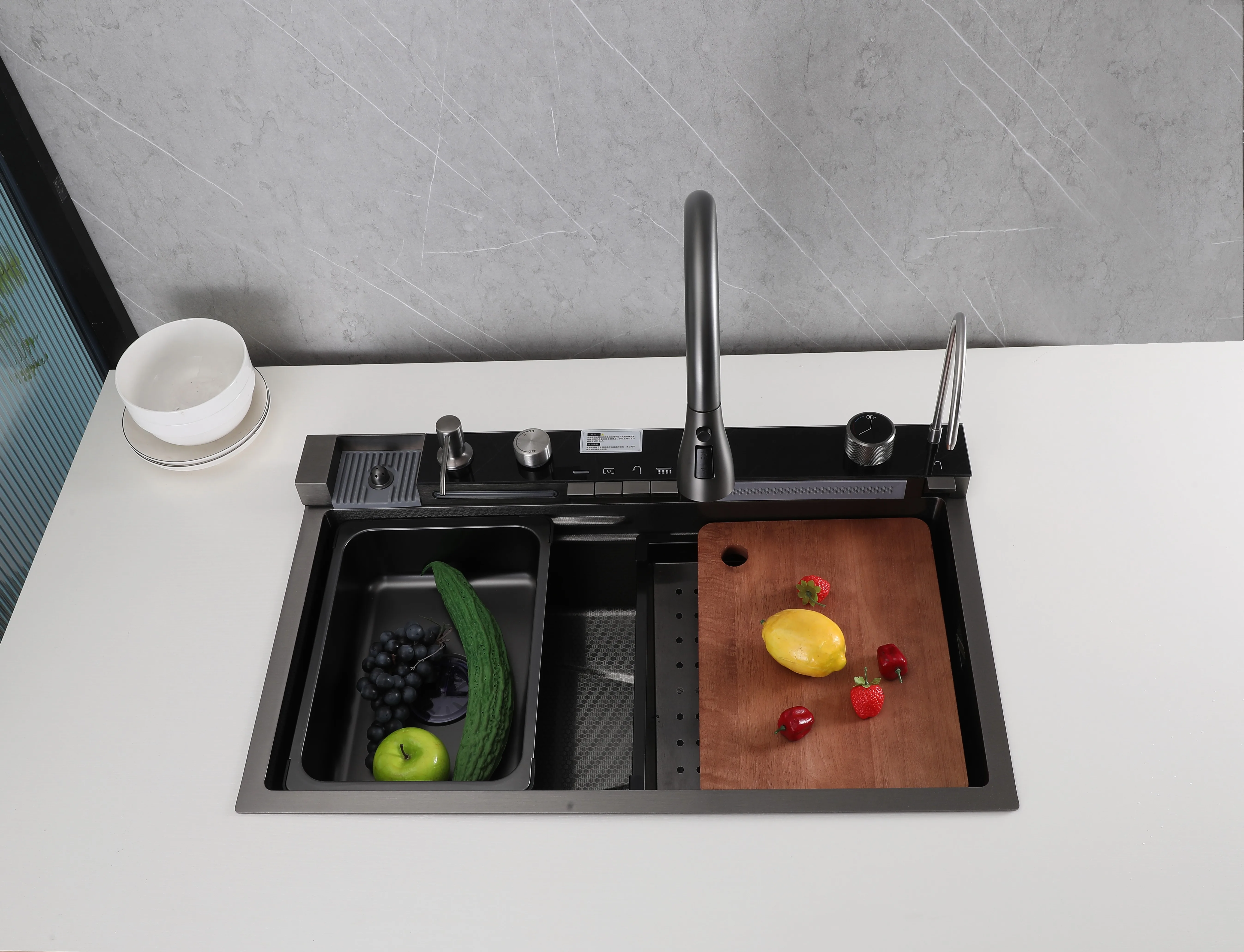 stainless-steel-black-kitchen-sink-7546-integrated-rail-top-view-chopping-board-colander