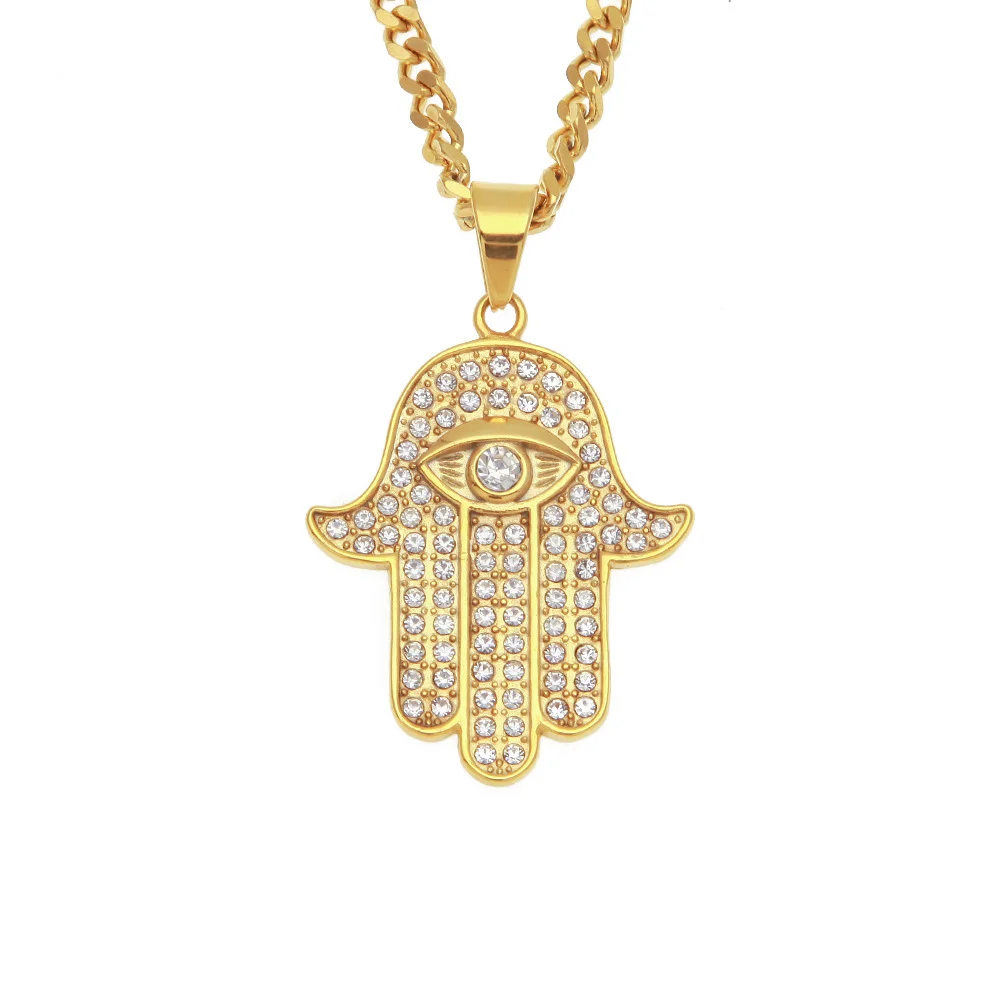 

Drop Shipping Stainless Steel Evil Eyes Pendant Necklaces Hip Hop Large Crystal Rhinestone Hamsa Hand Cuban Link Chain Necklace