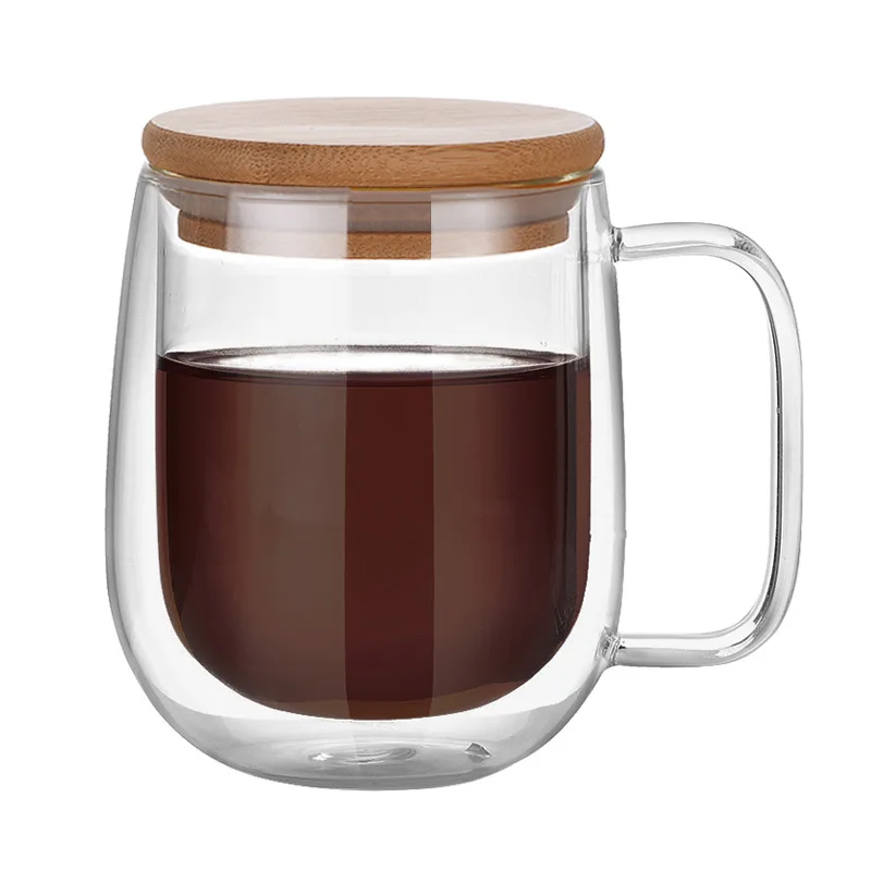

Hot Sale Borosilicate Insulated Double Wall Glass Coffee Cup Glass Juice Mug Glass Coffee Mug With Handle With Lid 250ml 350ml