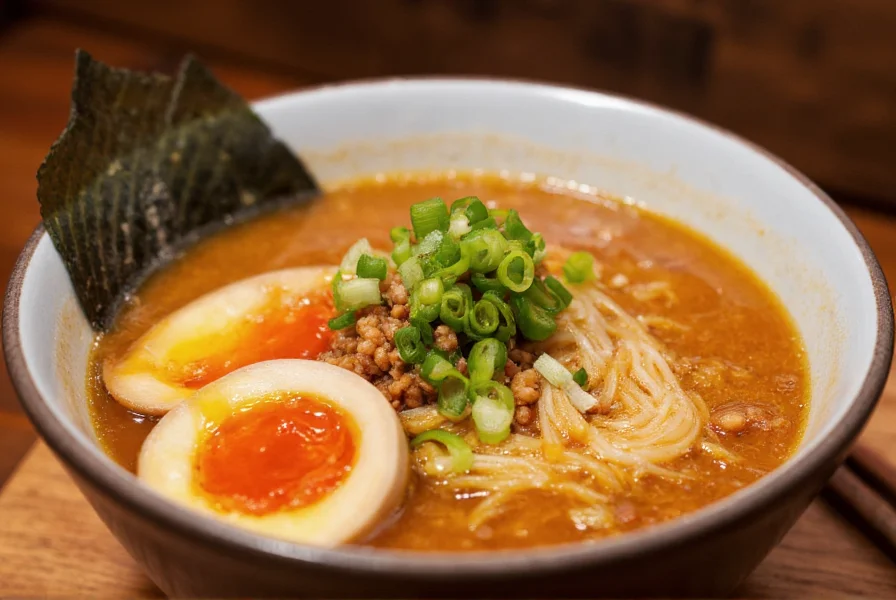 Chef's hand drizzling David Chang chili crunch over finished ramen bowl with soft boiled egg and scallions