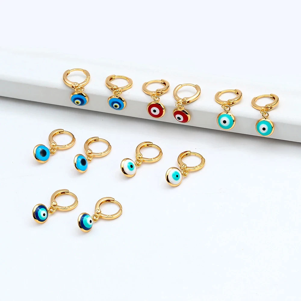 

Low MOQ Colorful Eye Gold Drop Earrings Colorful Charms Hanging Dangle Earrings for Women Ladies Copper Jewelry Gift