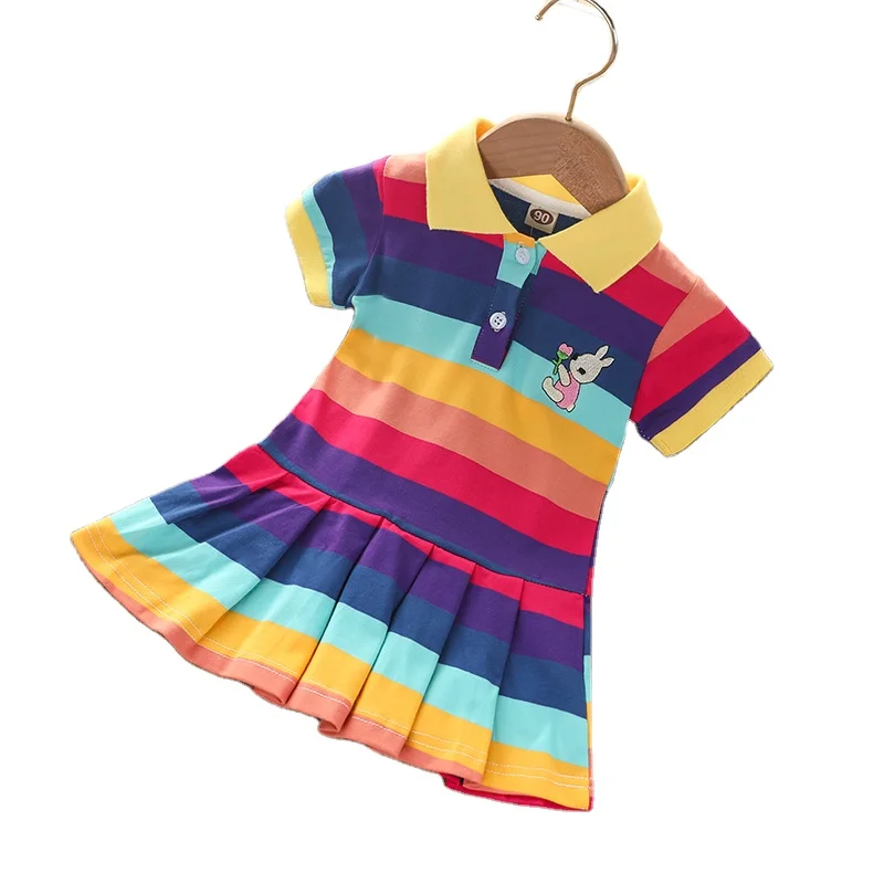 

2021 New Summer Girls Dress Children Short-Sleeved Rainbow Split Princess Dress Children Baby Polo Skirt, Light rainbow, deep rainbow