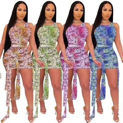 

F41092A 2020 European and American hot-selling ladies fashion lace up print women casual dresses sexy dress, As picture