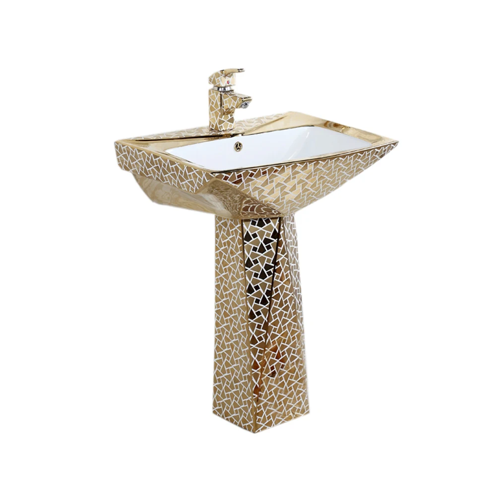 

Gold floor standing wash basin two piece diamond Plated pedestal basin