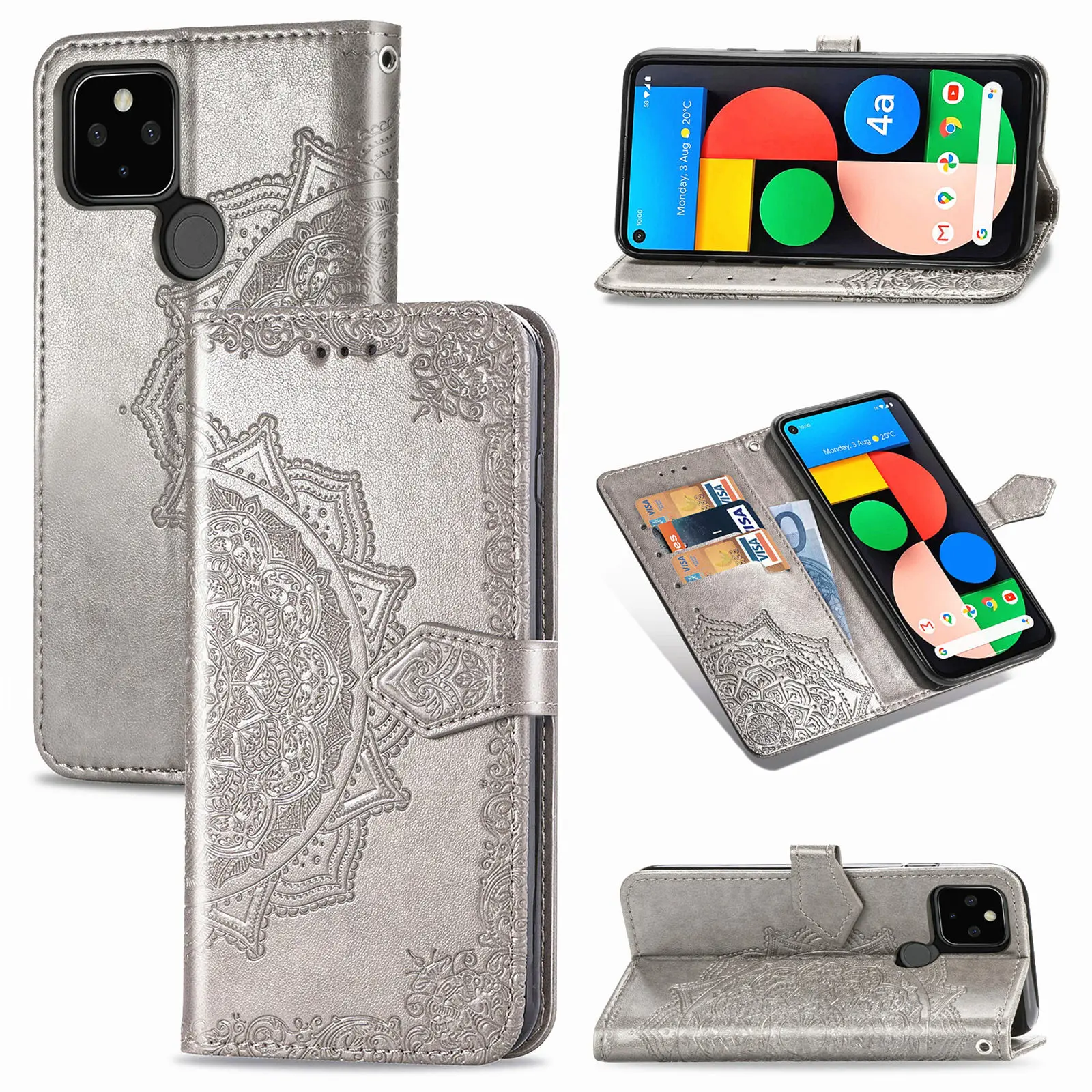 

Fashion Embossed Mandala Flip Leather Phone Case For Google Pixel 3 3A 4 4A 5 5A XL Bracket Card Slot Wallet Shockproof Cases, 6 colors