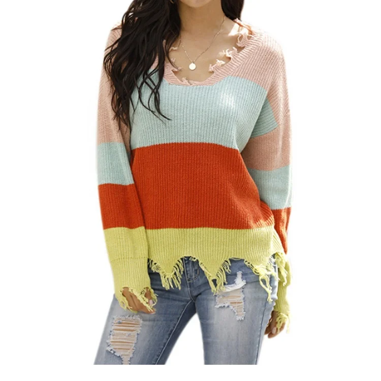 

Wholesale V-Neck Striped Women Color Block Ruffled Tassel Sweater, As shows in the picture