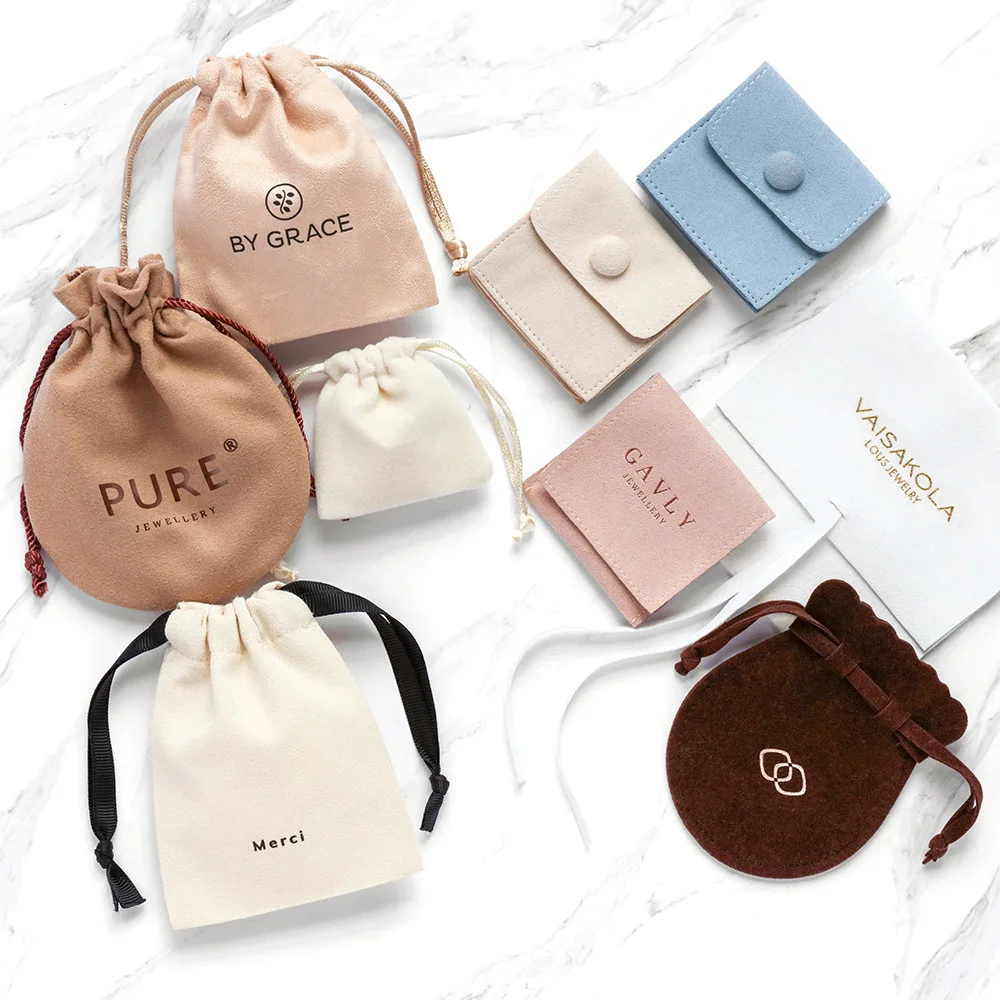 

Custom Emboss Velvet Jewelry Pouch Bag Jewelry Packaging Bag Faux Suede Drawstring Pouch for Gift