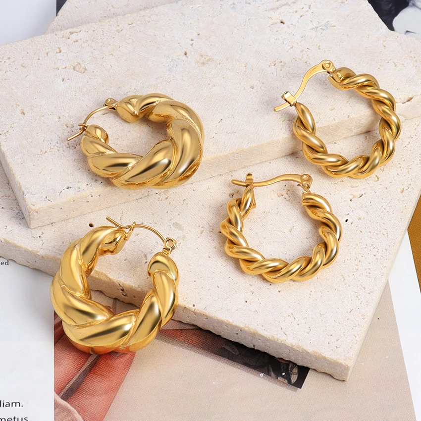 

High Quality Earrings Thick Chunky Earrings Croissant Twisted Hoop Earrings 18k Stainless Steel Rope Chain Waterproof Jewelry