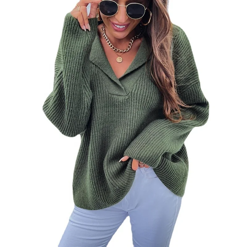 

2022 new winter thickened knitted long-sleeved suit collar pullover women, Pink,black,white,army green