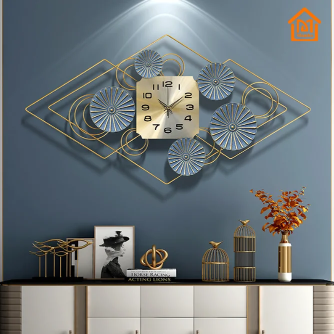 

Fancy design rhombus shape flowers decorative gold wall clocks for living room, Gold-blue