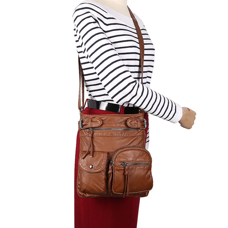 

Vintage multi pocket single shoulder bag Ultra soft washed vegan leather women crossbody bag