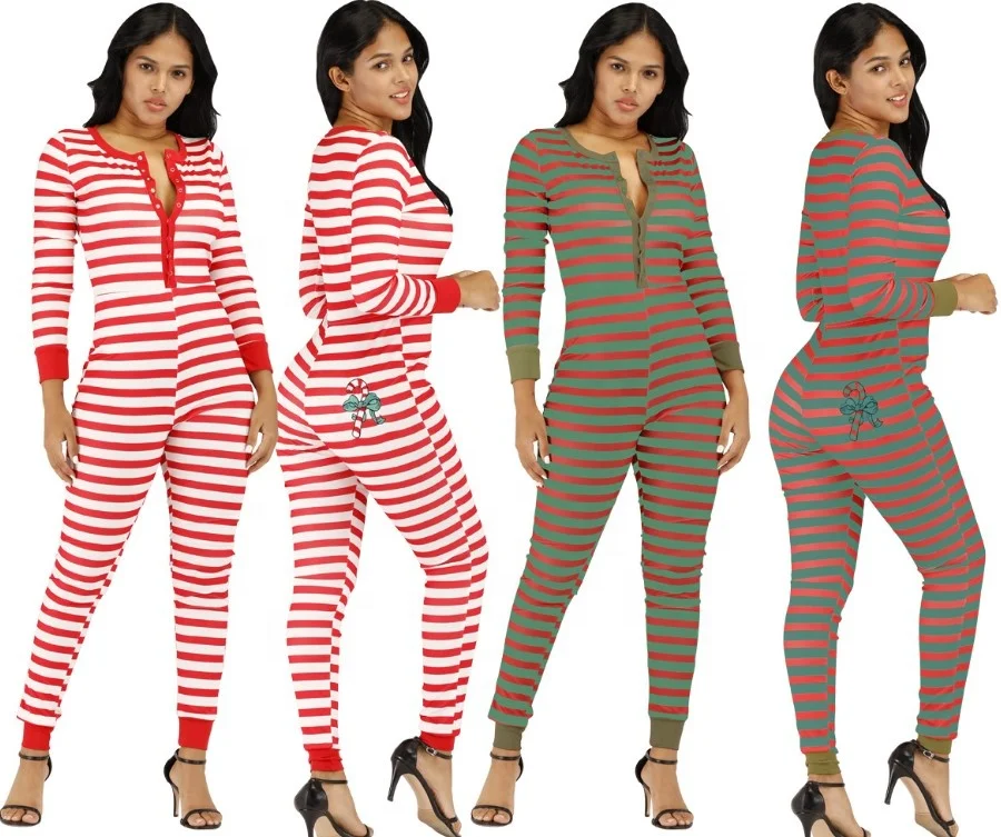 

Striped sexy christmas onesie woman bodysuits rompers long sleeve women onesie jumpsuits 2019 amazon hot sell women onesie adult, Red, green