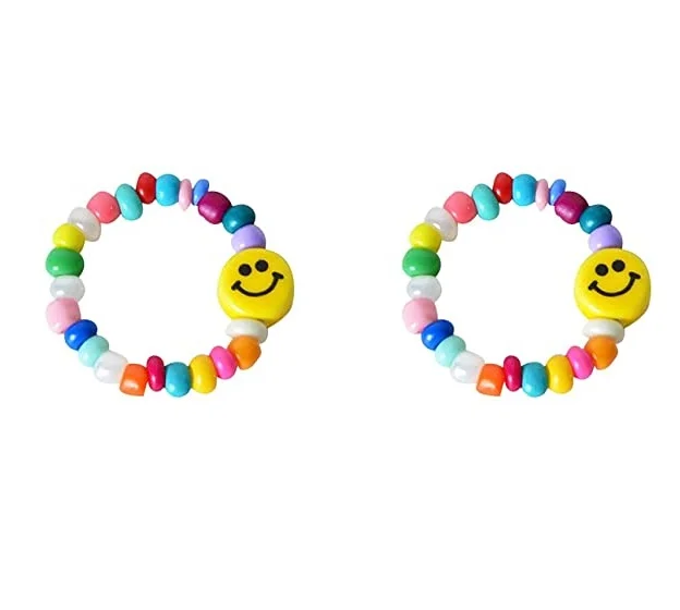 

Handmade Adjustable Size Elastic Smiley Ring Colorful Beaded Smiley Face Ring for Women Girls, As picture shows