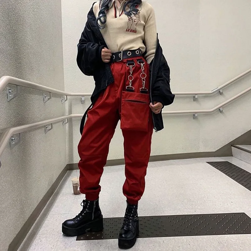 

Asymmetrical Hiphop Harem Chain Womens Cargo Female Work Trousers With Detachable Waist Bag, Customized