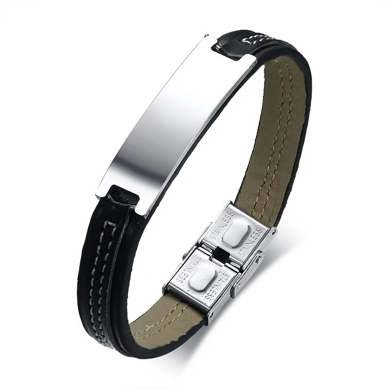 

11mm Black Leather Bracelet For Men Stainless Steel Bangle Male Jewelry